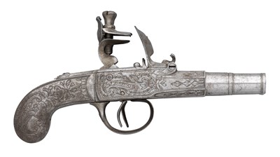 Lot 376 - A 10 BORE D.B. LIEGOIS FLINTLOCK POCKET PISTOL FORMED ENTIRELY OF STEEL SIGNED CEGALLAS