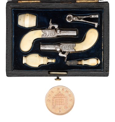 Lot 377 - A MINIATURE CASED PAIR OF CONTINENTAL PERCUSSION POCKET PISTOLS