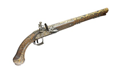 Lot 378 - **A FINE 18 BORE LIEGE FLINTLOCK HOLSTER PISTOL FOR PRESENTATION TO AN EASTERN POTENTATE