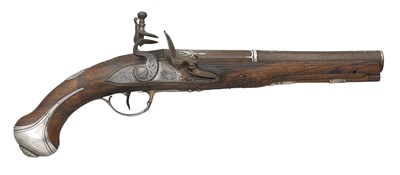 Lot 383 - **A 28 BORE FRENCH SILVER-MOUNTED FLINTLOCK HOLSTER PISTOL