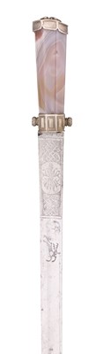Lot 405 - A RARE GERMAN HUNTING SWORD WITH SILVER HILT AND AGATE GRIP