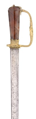 Lot 407 - A RARE GERMAN HUNTING SWORD WITH GILT-MOUNTED HILT AND AGATE GRIP