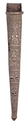 Lot 412 - A RARE GERMAN CHISELLED IRON SCABBARD FOR A DAGGER