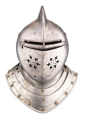 Lot 429 - A CLOSE HELMET FOR HEAVY FIELD USE IN THE GERMAN STYLE OF THE LATE 16TH CENTURY