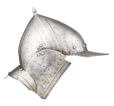 Lot 433 - A GERMAN BURGONET WITH EMBOSSED DECORATION IN THE 'BLACK AND WHITE' FASHION