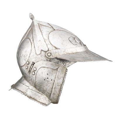 Lot 434 - A GERMAN BURGONET WITH EMBOSSED DECORATION IN THE 'BLACK AND WHITE' FASHION