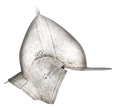 Lot 437 - A GERMAN BURGONET WITH EMBOSSED DECORATION IN THE 'BLACK AND WHITE' FASHION