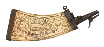 Lot 480 - A GERMAN ENGRAVED COWHORN POWDER-FLASK