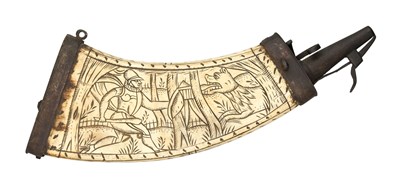 Lot 481 - A GERMAN ENGRAVED COWHORN POWDER-FLASK