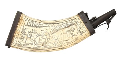 Lot 482 - A LARGE GERMAN ENGRAVED COWHORN POWDER-FLASK