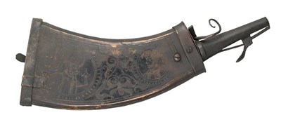 Lot 483 - A GERMAN ENGRAVED COWHORN POWDER-FLASK