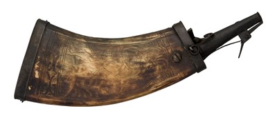 Lot 484 - A GERMAN ENGRAVED COWHORN POWDER-FLASK