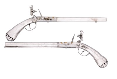 Lot 503 - A FINE PAIR OF 20 BORE NORTH GERMAN FLINTLOCK HOLSTER PISTOLS FORMED ENTIRELY OF  STEEL