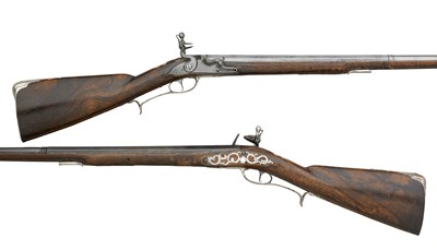 Lot 551 - A PAIR OF 23-BORE BAVARIAN FLINTLOCK FOWLING-PIECES WITH FINELY ENGRAVED SILVER MOUNTS