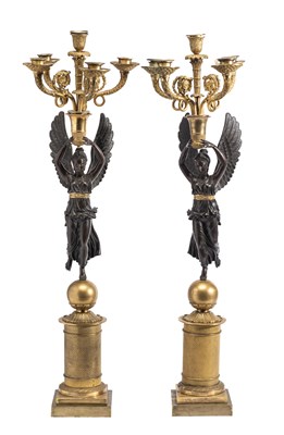 Lot 59 - A PAIR OF FRENCH ORMOLU AND PATINATED BRONZE CANDELABRA, PARIS, EARLY 19TH CENTURY