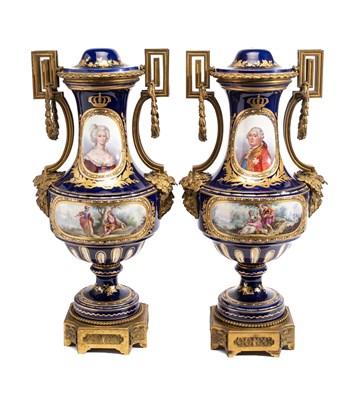 Lot 32 - A PAIR OF ORMOLU-MOUNTED 'SEVRES' STYLE LARGE VASES AND COVERS, LATE 19TH CENTURY