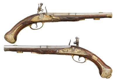 Lot 592 - A PAIR OF BOHEMIAN (CARLSBAD) FLINTLOCK HOLSTER PISTOLS