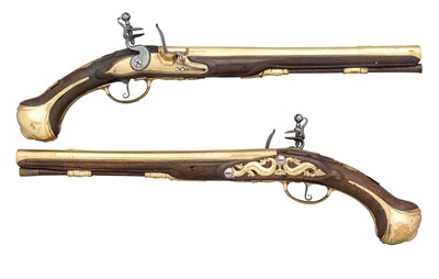 Lot 593 - A PAIR OF FLINTLOCK HOLSTER PISTOLS WITH BRASS BARRELS AND LOCKS