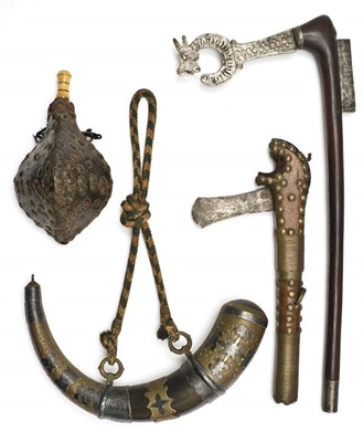 Lot 38 - TWO AFRICAN AXES AND TWO AFRICAN POWDER-FLASKS