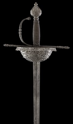 Lot 150 - A FINELY CHISELLED CUP-HILT RAPIER IN SPANISH MID-17TH CENTURY STYLE