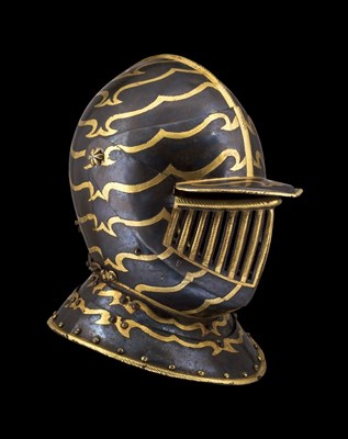 Lot 234 - AN ITALIAN BLUED AND GILT CUIRASSIER'S CLOSE HELMET