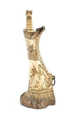 Lot 298 - AN ITALIAN BONE POWDER-FLASK ENGRAVED IN RENAISSANCE STYLE