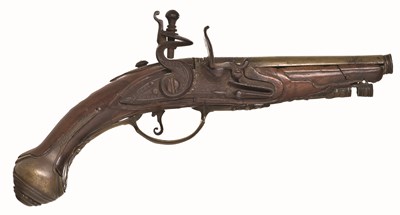 Lot 305 - A CENTRAL ITALIAN FLINTLOCK TRAVELLING PISTOL CONVERTED FOR USE AS A STRIKE-A-LIGHT