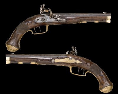 Lot 378 - **A PAIR OF 40 BORE FLINTLOCK RIFLED TARGET PISTOLS