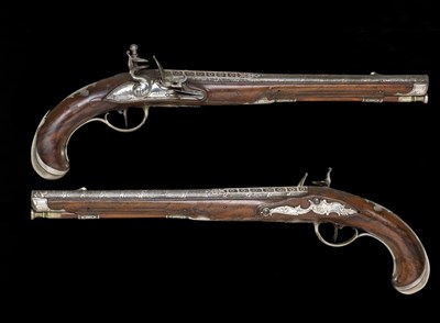 Lot 379 - A FINE PAIR OF 28 BORE BOHEMIAN SILVER-MOUNTED FLINTLOCK HOLSTER PISTOLS BY WISTALLER