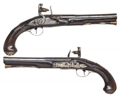 Lot 386 - A PAIR OF 22 BORE SILVER-MOUNTED FLINTLOCK PISTOLS BY WILKES