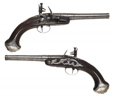 Lot 387 - *A PAIR OF SILVER MOUNTED FLINTLOCK TURN-OFF PISTOLS SIGNED I. PENDRILL