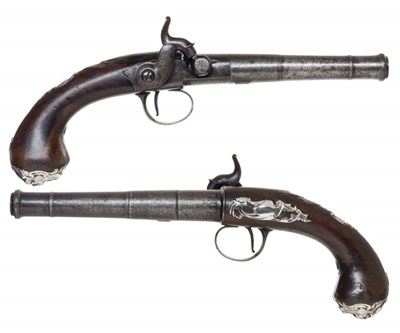 Lot 388 - A CASED PAIR OF 22 BORE SILVER-MOUNTED PERCUSSION PISTOLS BY RICHARD KING
