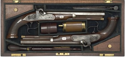Lot 397 - A CASED PAIR OF 25 BORE PERCUSSION OFFICERS PISTOLS SIGNED MEREDITH