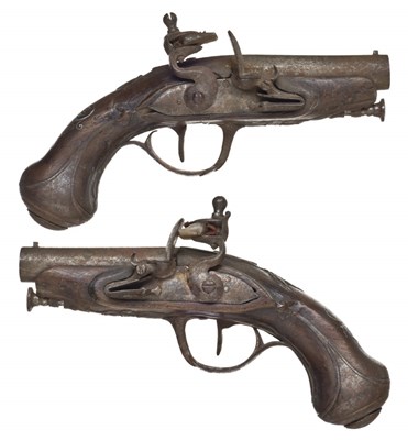 Lot 405 - A PAIR OF FRENCH 50 BORE FLINTLOCK POCKET PISTOLS WITH LEFT-AND RIGHT-HAND LOCKS