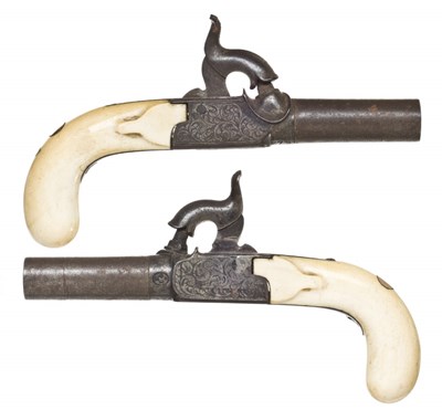 Lot 412 - A PAIR OF 120 BORE BELGIAN PERCUSSION MUFF PISTOLS