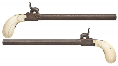 Lot 435 - A PAIR OF 120 BORE BELGIAN PERCUSSION SMALL TRAVELLING PISTOLS