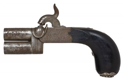 Lot 437 - AN 80 BORE OVER-AND-UNDER CONTINENTAL SINGLE TRIGGER PERCUSSION TRAVELLING PISTOL IN THE ENGLISH TAS