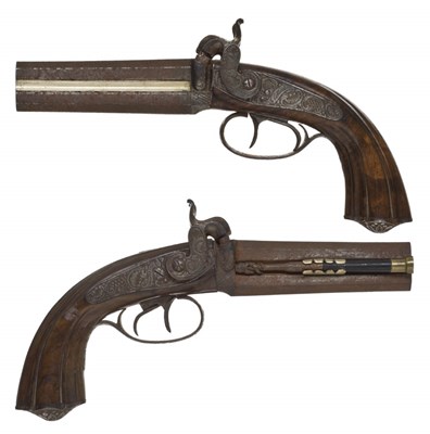Lot 441 - A PAIR OF 40 BORE ITALIAN OVER-AND-UNDER PERCUSSION TRAVELLING PISTOLS SIGNED G. COTTINI
