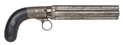 Lot 444 - AN 80 BORE BELGIAN MARIETTE PATENT FIVE-SHOT PERCUSSION PEPPERBOX REVOLVER