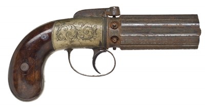 Lot 446 - AN 80 BORE SIX-SHOT PERCUSSION PEPPERBOX REVOLVER SIGNED WILKINSON & SON