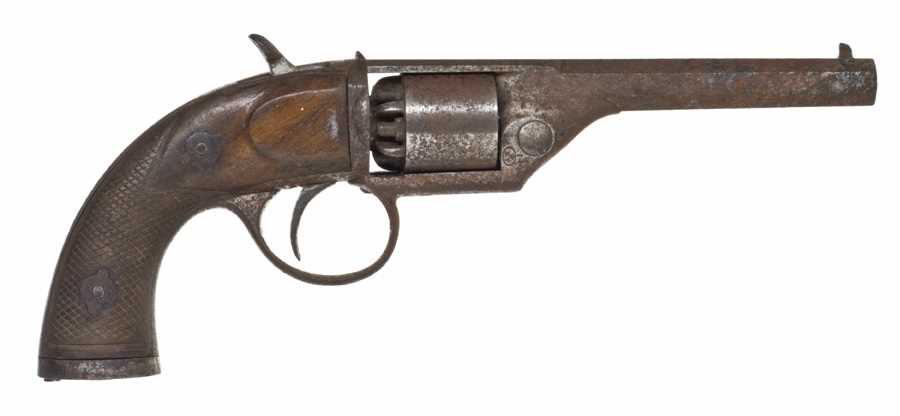 Lot 447 - A RARE 7MM FRENCH SIX-SHOT PERCUSSION REVOLVER WITH ENCLOSED HAMMER BY DEVISME A PARIS