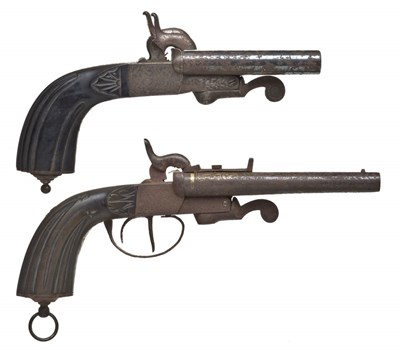 Lot 453 - TWO 80 BORE D.B. CONTINENTAL PIN-FIRE TRAVELLING PISTOLS