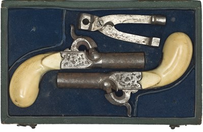 Lot 465 - A CASED PAIR OF 180 BORE BELGIAN PERCUSSION MUFF PISTOLS