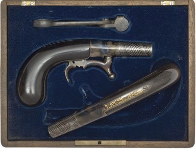 Lot 468 - A CASED PAIR OF 120 BORE FRENCH UNDER HAMMER PERCUSSION POCKET PISTOL BY J. B. CESSIER Ã€ ST ETIENNE