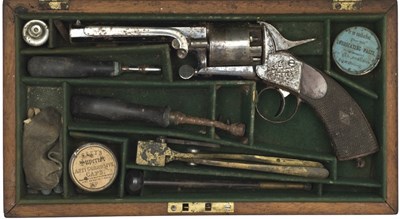 Lot 469 - A CASED 54 BORE WEBLEY PATENT THIRD MODEL 'LONG-SPUR' FIVE-SHOT PERCUSSION REVOLVER BY BLISSETT