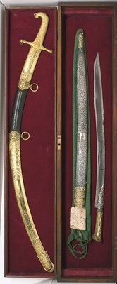 Lot 12 - THE GILT-BRASS MOUNTED SHAMSHIR PRESENTED TO SIR CORNWALLIS RICKETTS BY THE IMAM OF MUSCAT AND SULTA