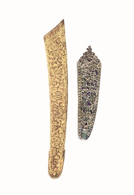 Lot 16 - AN INDIAN ENAMELLED SILVER CHAPE FOR A SWORD SCABBARD