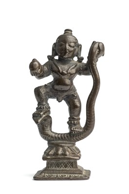 Lot 146 - A SMALL BRONZE FIGURE OF KRISHNA KALIYADAMANA, SOUTH INDIA, 18TH/19TH CENTURY