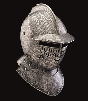 Lot 261 - A FINE NORTH ITALIAN ETCHED CLOSE HELMET FOR A CUIRASSIER
