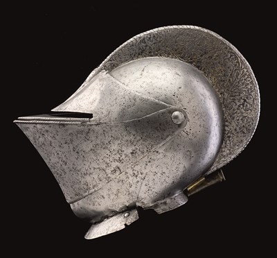 Lot 290 - A RARE FRENCH CLOSE HELMET FOR FIELD USE WITH ETCHED AND GILT DECORATION